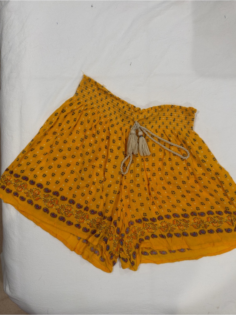 Anthropologie Mustard Floral High-Waist Smocked Shorts